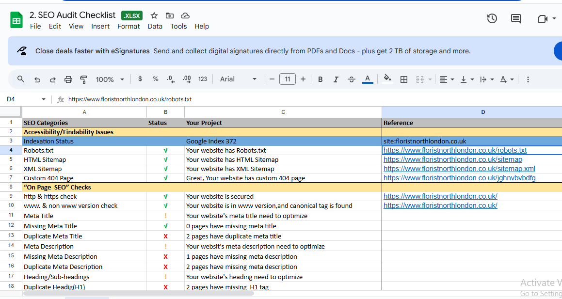 Project 2, SEO Audit Checklist for Portfolio